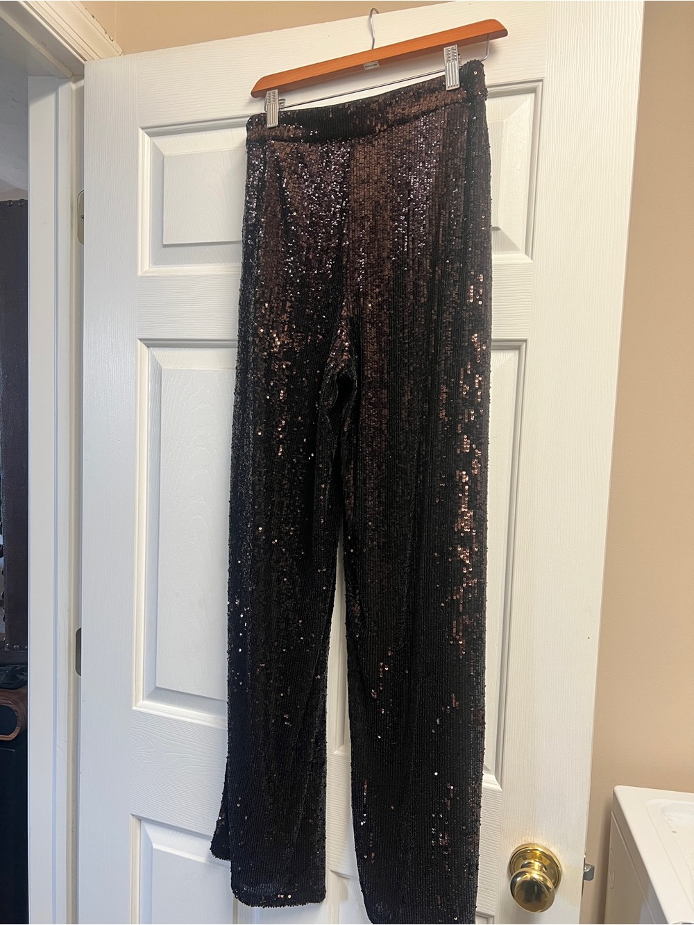 Express Sequin Wide-Leg Pants - Brown